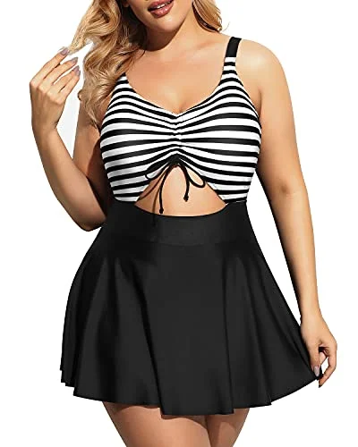 classic swimsuitV Neck Swimdress Cutout Bathing Suits For Women-Black And White Stripe