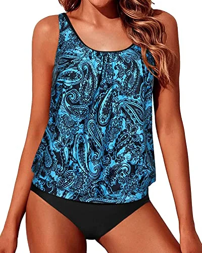 high-performance swimsuitModest Bathing Suits Loose Fit Blouson Tankini Swimsuits For Women-Blue Paisley