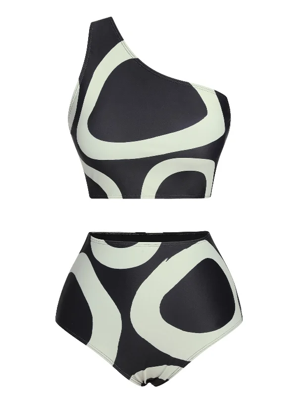 swimsuit for divingBlack 1950s Geometric One-Shoulder Swimsuit