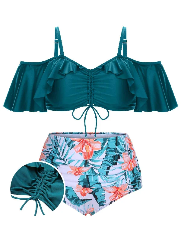 stylish swimsuit[Plus Size] Green 1950s Strap Floral Ruffles Swimsuit