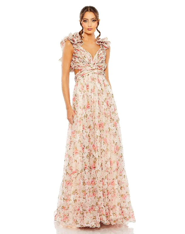 Vintage-inspired dresses for retro fashion loversMac Duggal 68519 Long Formal Chiffon Floral Dress