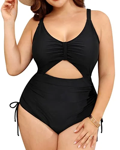 competitive swimsuitWomen Plus Size One Piece Swimsuits Deep V Neck Lace Up Swimwear-Black