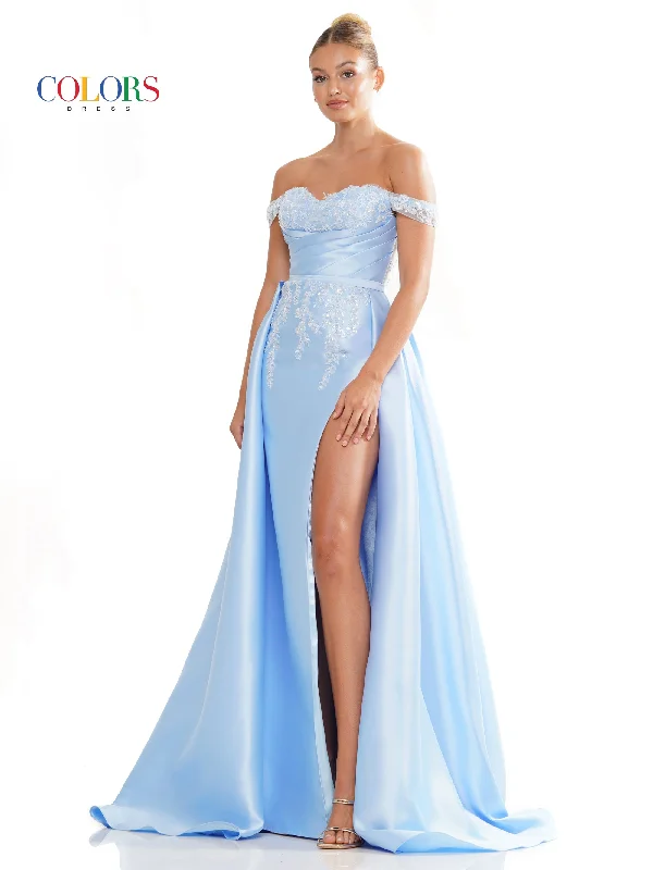 Winter dresses for cold weatherColors 3177 Long Off Shoulder Satin Overskirt Prom Dress