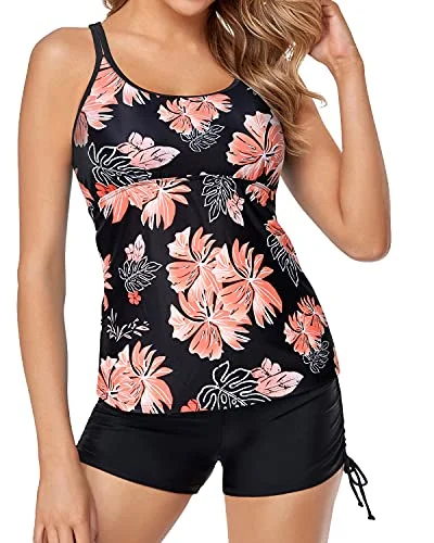 swimsuit with sequins or beadsAthletic Women's Tankini Swimsuits High Waisted Boy Shorts-Black Orange Floral