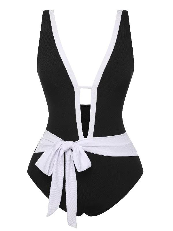 swimsuit with underwire supportBlack 1950s Deep V-Neck Waist Tie Swimsuit