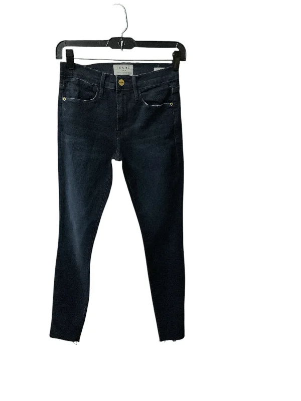 Jeans with a faux leather patch at the back pocketJeans Skinny By Frame In Blue Denim, Size: 0