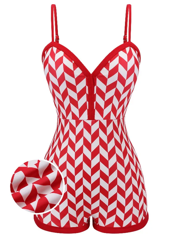 swimsuit for summer festivalsRed 1950s Diamond Plaid Heart Collar Swimsuit