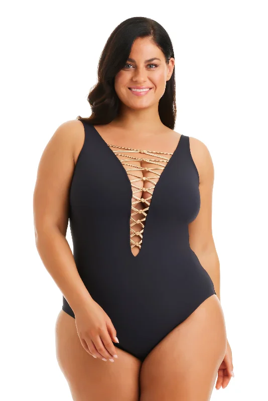 competitive swimsuitKore One Piece High Neck Lace Down Swimsuit, Plus