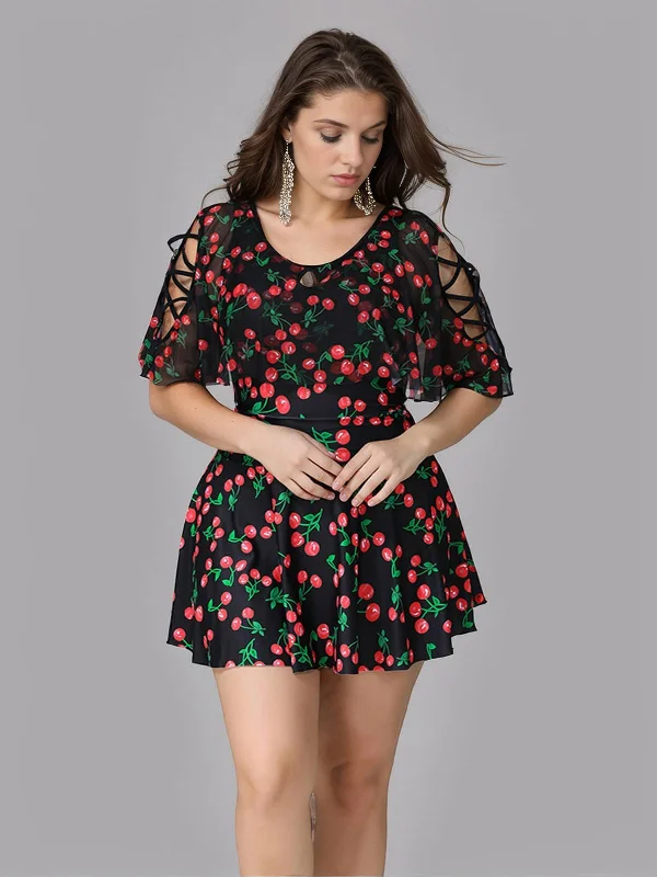 swimsuit for summer festivals[Plus Size] Black 1930s Cherry Skirt Swimsuit