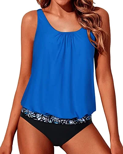 swimsuit with built-in braLoose Fit Swimwear Blouson Tankini For Women-Bright Blue And Black Floral