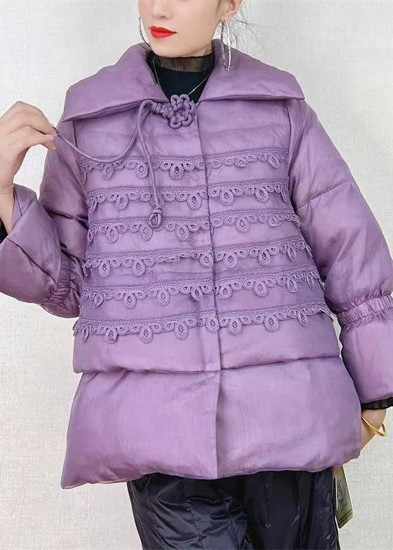 women's peacoats with contrast stitching for added depthChic Purple Peter Pan Collar Button Patchwork Duck Down Coat Winter