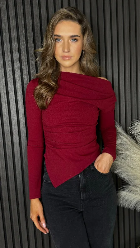 Suede women's topsSafiya Burgundy Asymmetric Neckline Long Sleeve Top