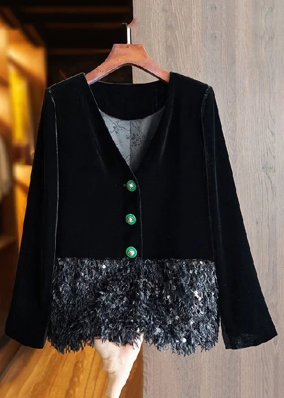 women's coats with hidden zippers for a sleek lookChinese Style Black Button Sequins Patchwork Silk Velour Coats Fall