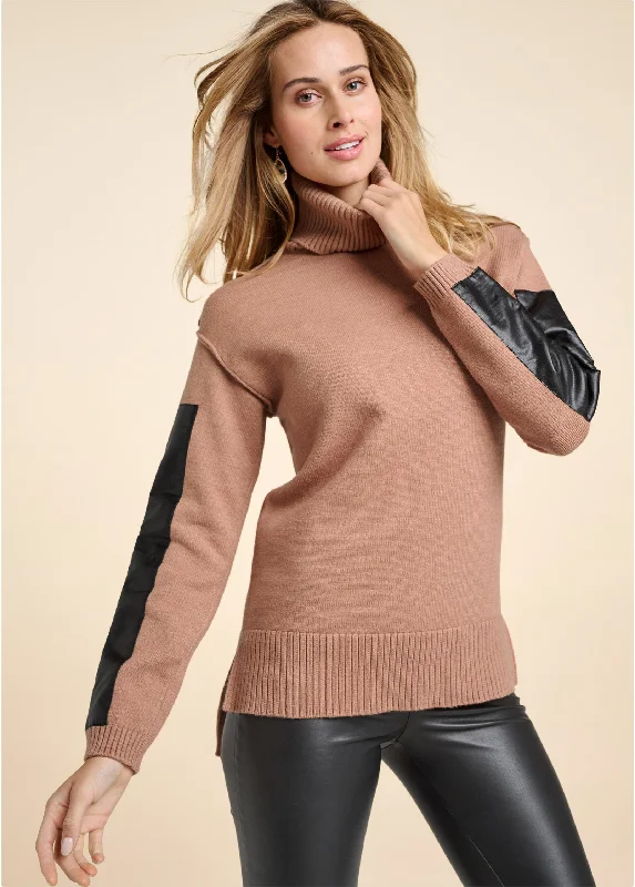 Elegant women's topsTwo-Tone Turtleneck Sweater - Tan Multi