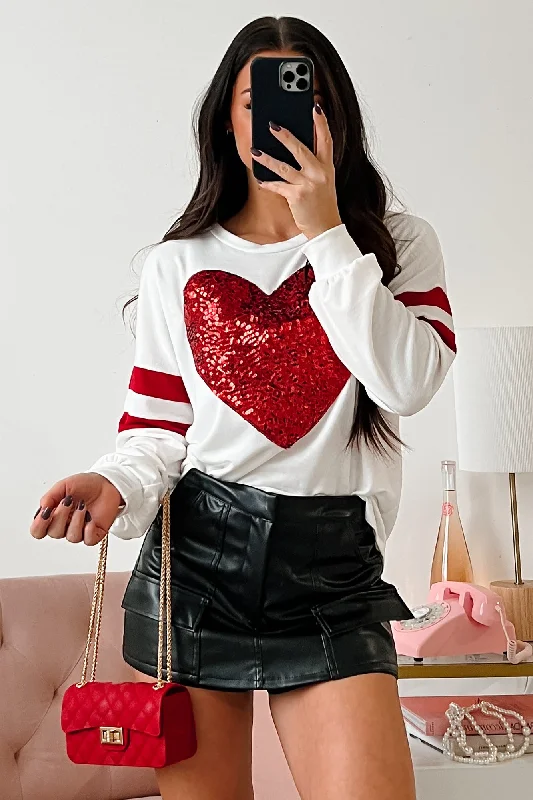 Earth-tone women's topsLots Of Love Sequin Heart Varsity Long Sleeve Top (Ivory)