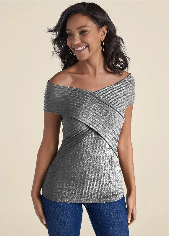 Oversized women's topsRibbed Wrap-Front Top - Heather Grey