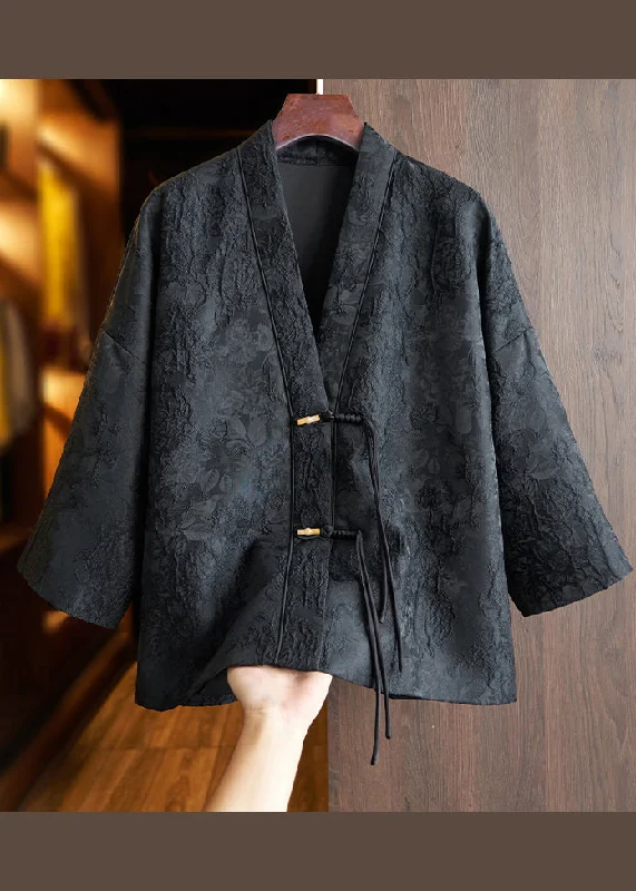 women's parkas with adjustable drawstrings at the hemChinese Style Black Tasseled Jacquard Patchwork Cotton Coats Fall