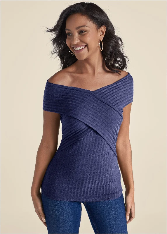 Off-the-shoulder women's topsRibbed Wrap-Front Top - Skipper Blue