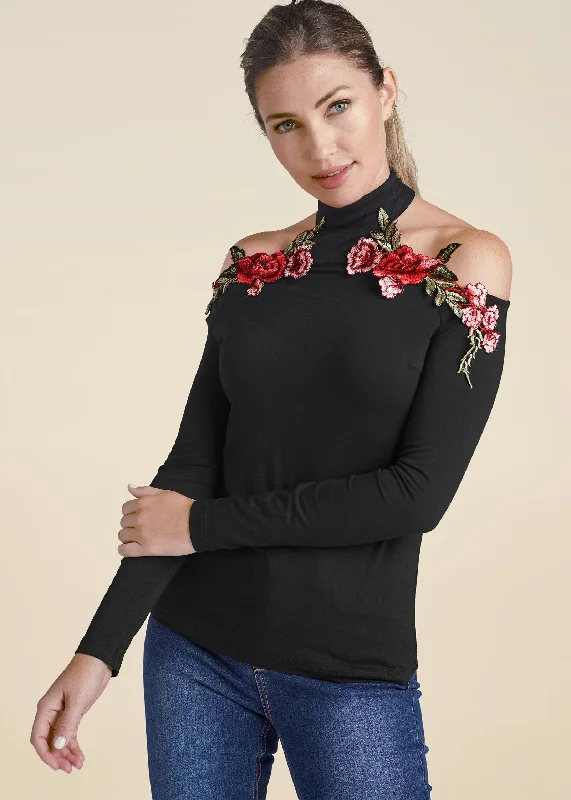 Sequined women's topsRose Applique Cold-Shoulder Top - Black