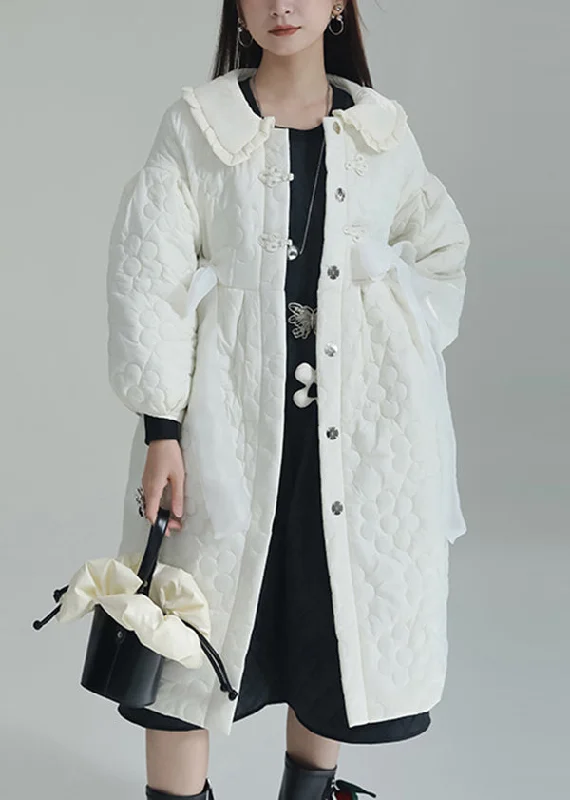 women's bomber jackets with zip-out liningsChic White Peter Pan Collar Pockets Fine Cotton Filled Witner Coat