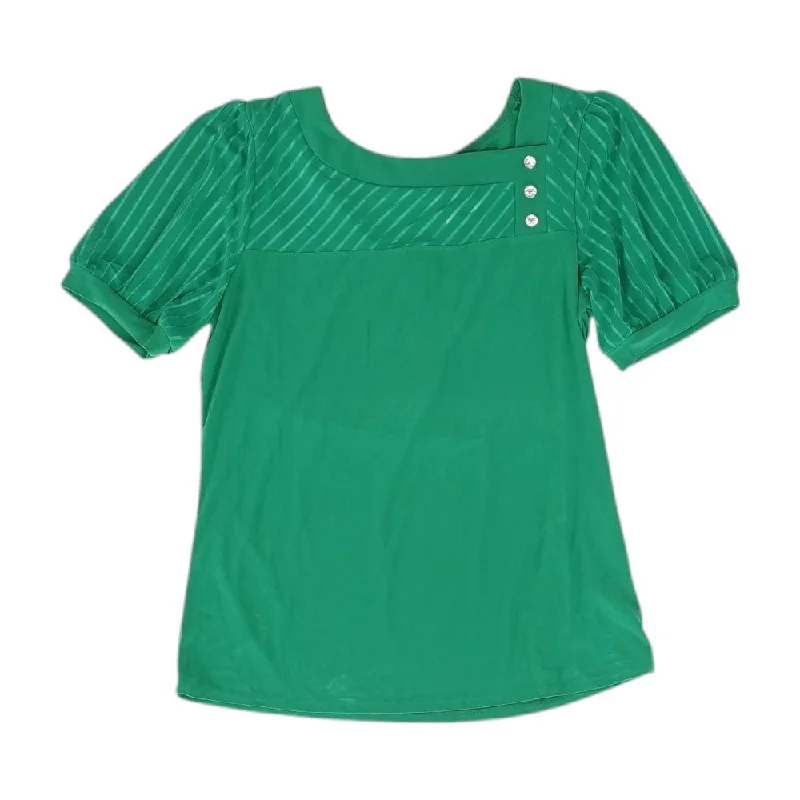 women's suit sets with linen blendsGreen Solid Short Sleeve Blouse