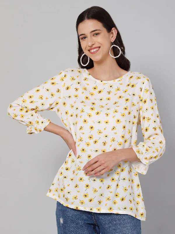 Winter women's topsWomen's Casual  Yellow Floral Print Round neck Tunic