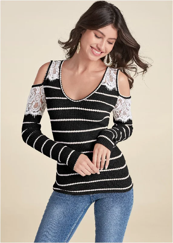 Affordable women's topsWaffle Knit Lace Top - Black & White