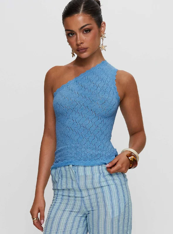 Chenille women's topsCrosbie One Shoulder Knit Top Blue