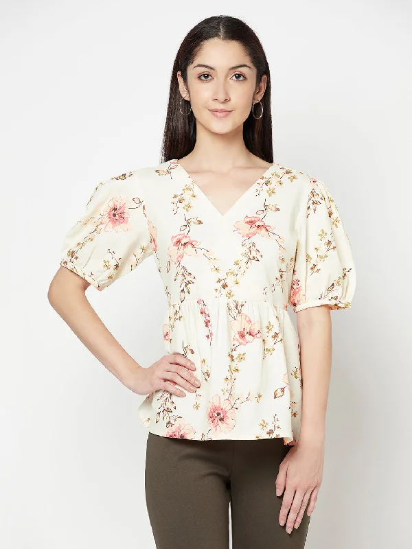 One-shoulder women's topsWomen's Casual  Offwhite Floral Print V neck Top