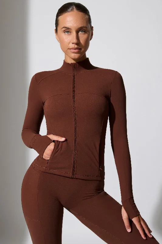 women's suit sets with loose-fitting bodiesLong Sleeve Zip Up Jacket in Chocolate