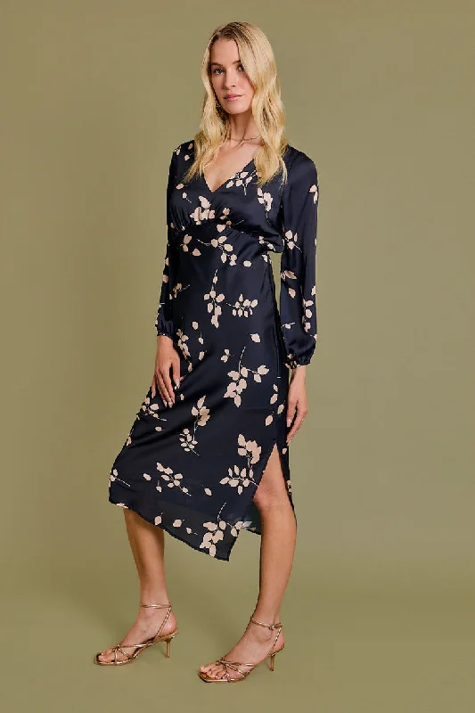 Wrap dresses for womenBlack Floral Satin Dress