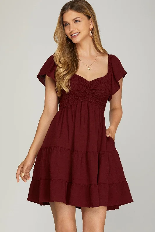 A-line dresses for womenBurgundy Flutter Sleeve Dress