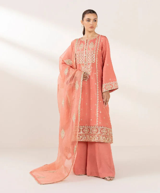 Pastel women's tops3 Piece - Embroidered Raw Silk Suit