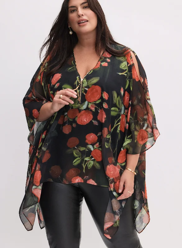 Evening women's topsFloral Print Chiffon Poncho