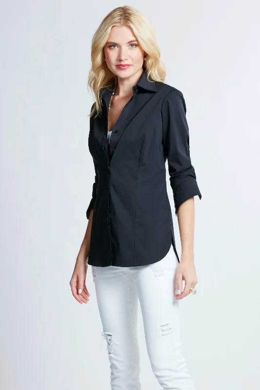 Transitional women's topsJoey Button Down Silky Black Poplin Blouse