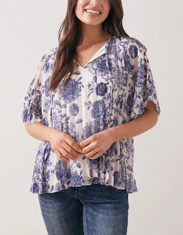 Shawl collar women's topsPleated Top - Navy